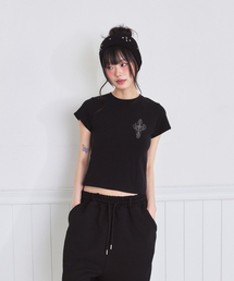 スモールヴィンテージクロスプリントスリムフィット半袖Tシャツブラック