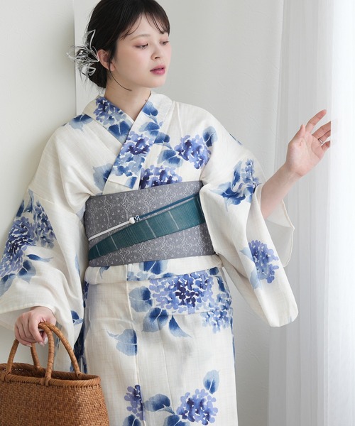 浴衣3点セット 綿麻 ブルーの滲み紫陽花（浴衣）｜utatane（ウタタネ