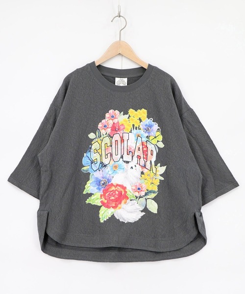 ScoLar(スカラー)の「ScoLar(スカラー) 花ネコ発泡プリント ローズジャガードTシャツ(Tシャツ/カットソー・レディース・チャコールグレー/オフホワイト・MEDIUM)」の2枚目の写真