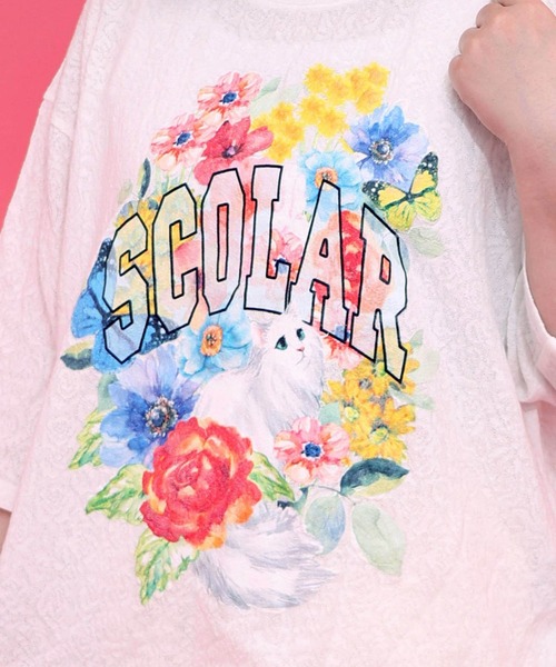 ScoLar(スカラー)の「ScoLar(スカラー) 花ネコ発泡プリント ローズジャガードTシャツ(Tシャツ/カットソー・レディース・チャコールグレー/オフホワイト・MEDIUM)」の6枚目の写真