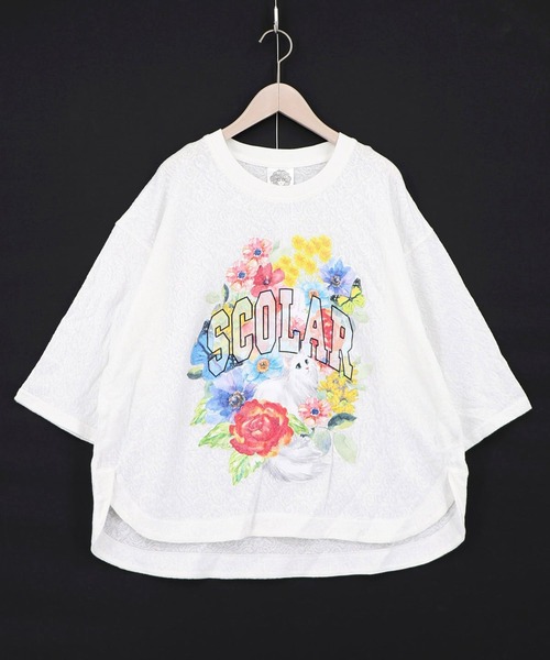 ScoLar(スカラー)の「ScoLar(スカラー) 花ネコ発泡プリント ローズジャガードTシャツ(Tシャツ/カットソー・レディース・チャコールグレー/オフホワイト・MEDIUM)」の8枚目の写真