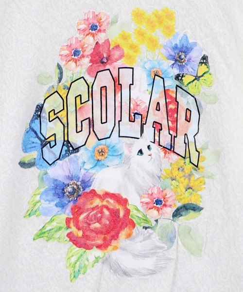 ScoLar(スカラー)の「ScoLar(スカラー) 花ネコ発泡プリント ローズジャガードTシャツ(Tシャツ/カットソー・レディース・チャコールグレー/オフホワイト・MEDIUM)」の9枚目の写真