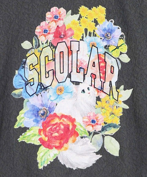 ScoLar(スカラー)の「ScoLar(スカラー) 花ネコ発泡プリント ローズジャガードTシャツ(Tシャツ/カットソー・レディース・チャコールグレー/オフホワイト・MEDIUM)」の11枚目の写真