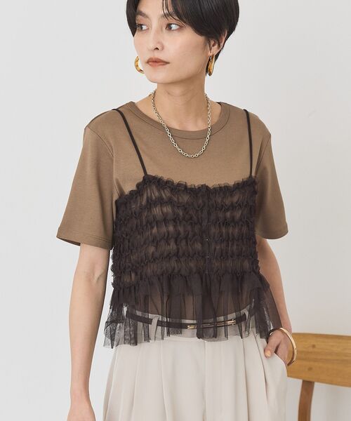 AMERICAN HOLIC(アメリカンホリック)の「【2点セット】半袖Tシャツ+チュールビスチェ(Tシャツ/カットソー・レディース・チャコールグレー/オフホワイト/モカ・L/M)」の9枚目の写真
