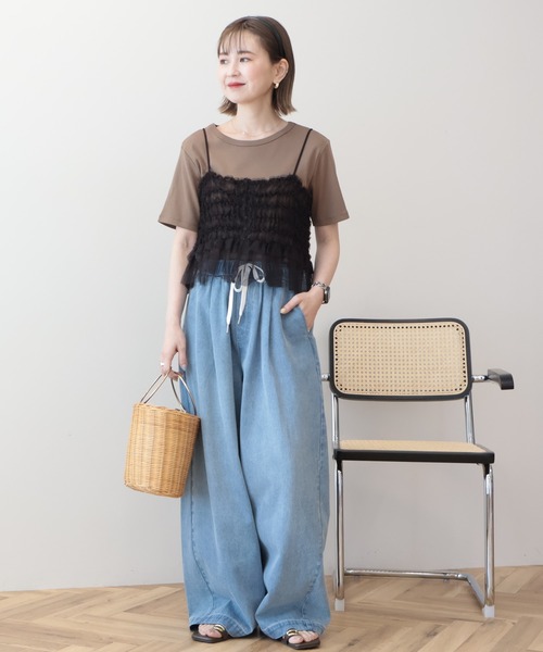 AMERICAN HOLIC(アメリカンホリック)の「【2点セット】半袖Tシャツ+チュールビスチェ(Tシャツ/カットソー・レディース・チャコールグレー/オフホワイト/モカ・L/M)」の4枚目の写真