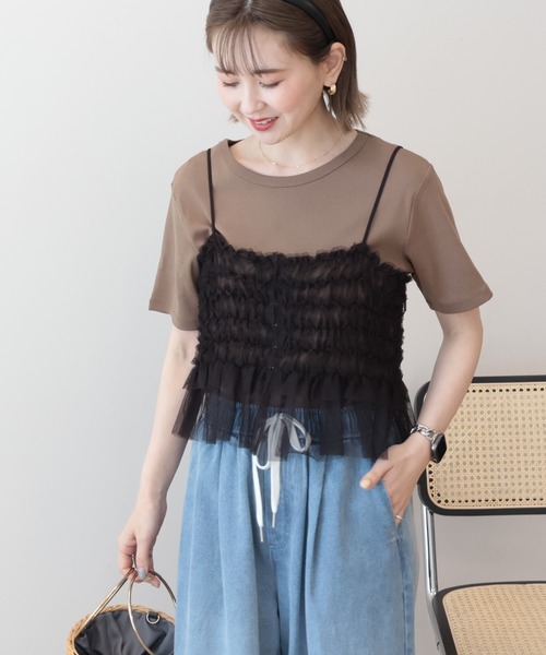AMERICAN HOLIC(アメリカンホリック)の「【2点セット】半袖Tシャツ+チュールビスチェ(Tシャツ/カットソー・レディース・チャコールグレー/オフホワイト/モカ・L/M)」の6枚目の写真