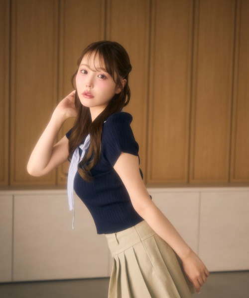 miune(ミューヌ)の「ボウタイストライプリブトップス(ニット/セーター・レディース・アイボリー/ネイビー/グレー・FREE)」の8枚目の写真