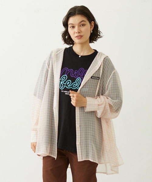 MILKFED.(ミルクフェド)の「SHEER PLAID HOODED TOP(シャツ/ブラウス・レディース・パープル/ブラック/ピンク・ONE SIZE)」の3枚目の写真