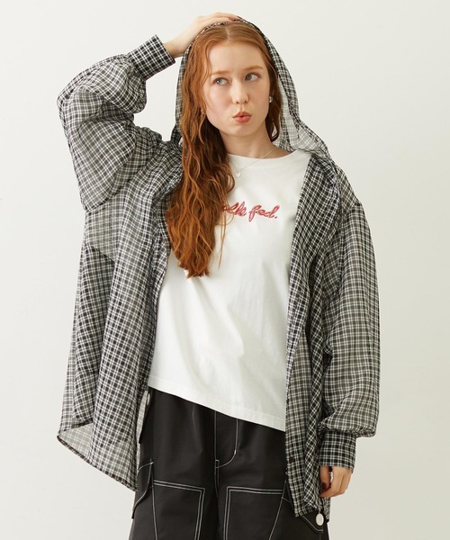 MILKFED.(ミルクフェド)の「SHEER PLAID HOODED TOP(シャツ/ブラウス・レディース・パープル/ブラック/ピンク・ONE SIZE)」の1枚目の写真