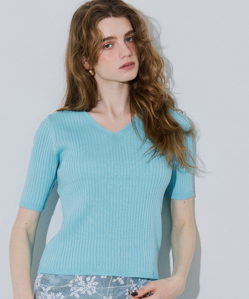 coca（coca）（コカ）の「Vネックリブニットトップス（ニット/セーター・レディース・ライトブルー/ホワイト・S/M/L）」の14枚目の写真