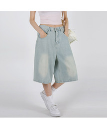 レディースカバーバックバンドバミューダウォッシングデニムパンツ 3COLOR