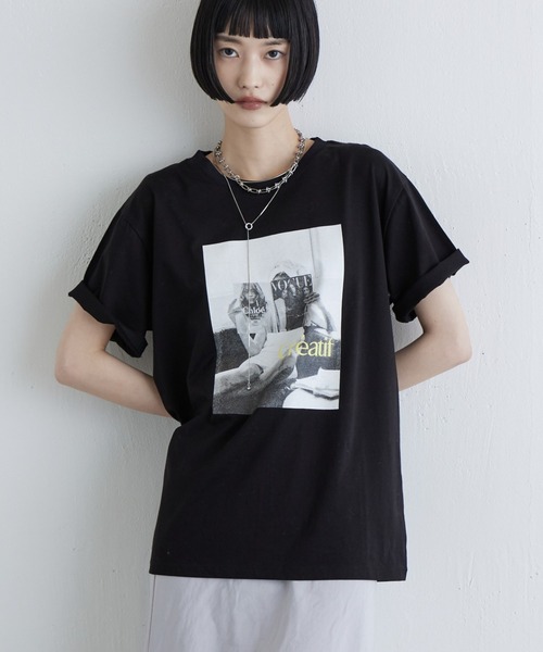 Lui's(ルイス)の「シルケットフォトTシャツ(Tシャツ/カットソー・レディース・ブラック/チャコールグレー/オフホワイト・FREE)」の2枚目の写真