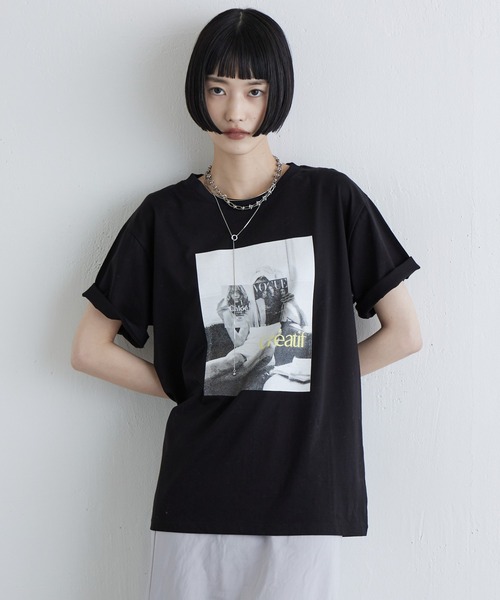 Lui's(ルイス)の「シルケットフォトTシャツ(Tシャツ/カットソー・レディース・ブラック/チャコールグレー/オフホワイト・FREE)」の6枚目の写真