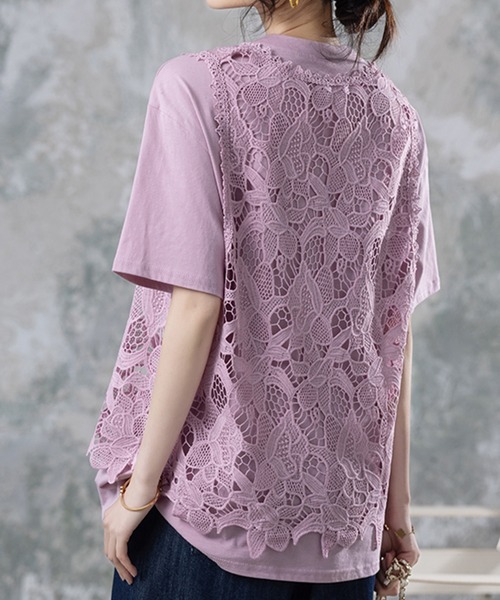 AMAJI(アマジ)の「レース切替 フェイクレイヤード 半袖Tシャツ(Tシャツ/カットソー・レディース・パープル・SMALL/MEDIUM/LARGE/X-LARGE)」の3枚目の写真