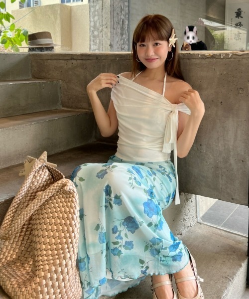 gossip!ロサンゼルス(ゴシップロサンゼルス)の「【Y2Kガーリー】レトロフラワー柄 シフォン×メッシュチュール マーメイドロングスカート ウエストゴム(スカート・レディース・ブルー系その他・M)」の19枚目の写真