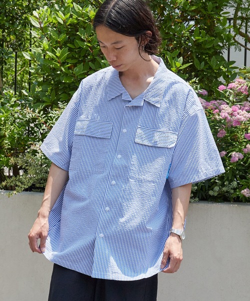 Liberaiders(リベレイダース)の「Liberaiders/リベレイダース COOLMAX S/S SHIRT シアサッカー ユーティリティ半袖シャツ 吸水速乾 メンズ 2026年夏 夏服(シャツ/ブラウス・メンズ・ブラック/ストライプ・M/L/XL)」の1枚目の写真