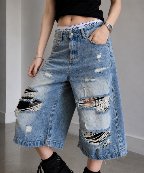 almo(アルモ)の「【Bls】 【ZM】【Bling Leads】ダメージ加工 スケーター ハーフパンツ(BL)(デニムパンツ・レディース・ブルー・LARGE/MEDIUM)」の1枚目の写真