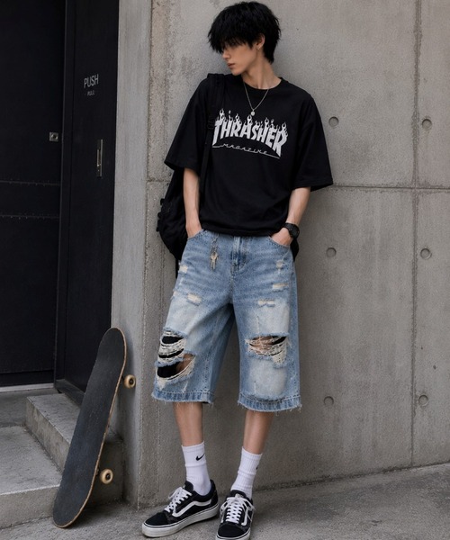 almo(アルモ)の「【Bls】 【ZM】【Bling Leads】ダメージ加工 スケーター ハーフパンツ(BL)(デニムパンツ・レディース・ブルー・LARGE/MEDIUM)」の2枚目の写真