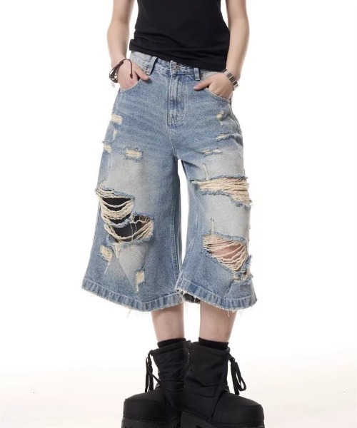almo(アルモ)の「【Bls】 【ZM】【Bling Leads】ダメージ加工 スケーター ハーフパンツ(BL)(デニムパンツ・レディース・ブルー・LARGE/MEDIUM)」の4枚目の写真
