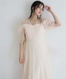 ミモレ&袖あり フォーマル レース フレア シアー オフショル スパンコール セレモニー 結婚式二次会 パーティードレス お呼ばれ オケージョンドレス 同窓会成人式