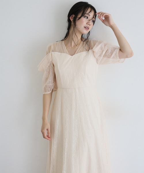 PourVous(プールヴー)の「ミモレ&袖あり フォーマル レース フレア シアー オフショル スパンコール セレモニー 結婚式二次会 パーティードレス お呼ばれ オケージョンドレス 同窓会成人式(ドレス・レディース・ピンクベージュ/ライトブルー/ブラック・S/M)」の3枚目の写真