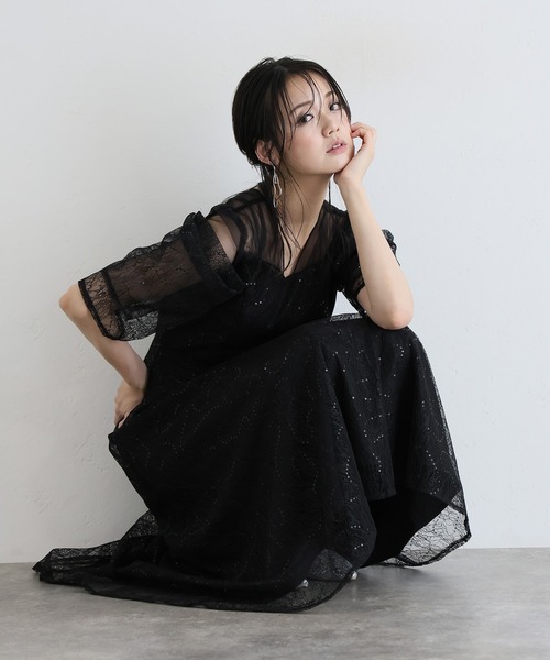 PourVous(プールヴー)の「ミモレ&袖あり フォーマル レース フレア シアー オフショル スパンコール セレモニー 結婚式二次会 パーティードレス お呼ばれ オケージョンドレス 同窓会成人式(ドレス・レディース・ピンクベージュ/ライトブルー/ブラック・S/M)」の2枚目の写真