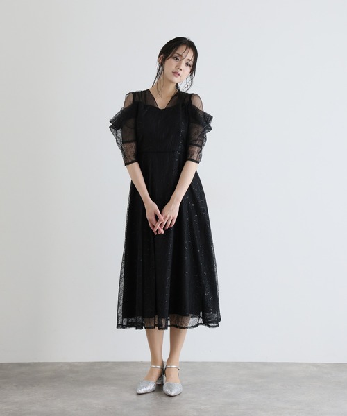 PourVous(プールヴー)の「ミモレ&袖あり フォーマル レース フレア シアー オフショル スパンコール セレモニー 結婚式二次会 パーティードレス お呼ばれ オケージョンドレス 同窓会成人式(ドレス・レディース・ピンクベージュ/ライトブルー/ブラック・S/M)」の20枚目の写真