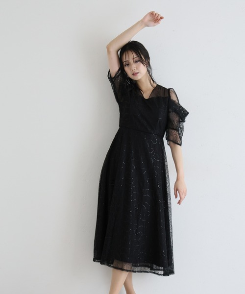 PourVous(プールヴー)の「ミモレ&袖あり フォーマル レース フレア シアー オフショル スパンコール セレモニー 結婚式二次会 パーティードレス お呼ばれ オケージョンドレス 同窓会成人式(ドレス・レディース・ピンクベージュ/ライトブルー/ブラック・S/M)」の21枚目の写真