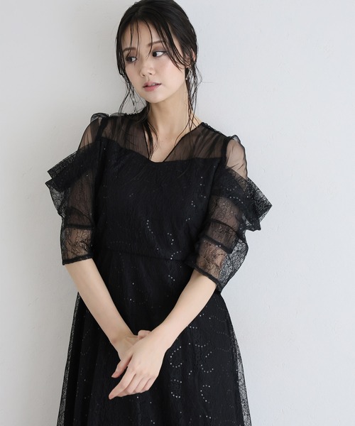PourVous(プールヴー)の「ミモレ&袖あり フォーマル レース フレア シアー オフショル スパンコール セレモニー 結婚式二次会 パーティードレス お呼ばれ オケージョンドレス 同窓会成人式(ドレス・レディース・ピンクベージュ/ライトブルー/ブラック・S/M)」の22枚目の写真