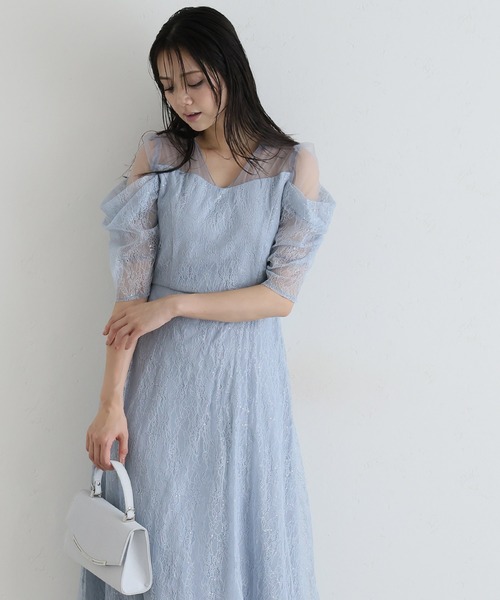 PourVous(プールヴー)の「ミモレ&袖あり フォーマル レース フレア シアー オフショル スパンコール セレモニー 結婚式二次会 パーティードレス お呼ばれ オケージョンドレス 同窓会成人式(ドレス・レディース・ピンクベージュ/ライトブルー/ブラック・S/M)」の4枚目の写真
