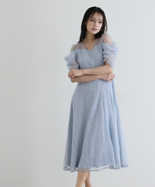 PourVous(プールヴー)の「ミモレ&袖あり フォーマル レース フレア シアー オフショル スパンコール セレモニー 結婚式二次会 パーティードレス お呼ばれ オケージョンドレス 同窓会成人式(ドレス・レディース・ピンクベージュ/ライトブルー/ブラック・S/M)」の5枚目の写真
