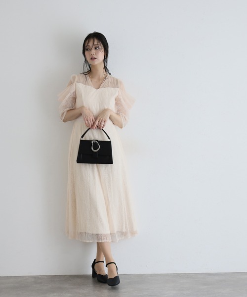 PourVous(プールヴー)の「ミモレ&袖あり フォーマル レース フレア シアー オフショル スパンコール セレモニー 結婚式二次会 パーティードレス お呼ばれ オケージョンドレス 同窓会成人式(ドレス・レディース・ピンクベージュ/ライトブルー/ブラック・S/M)」の6枚目の写真