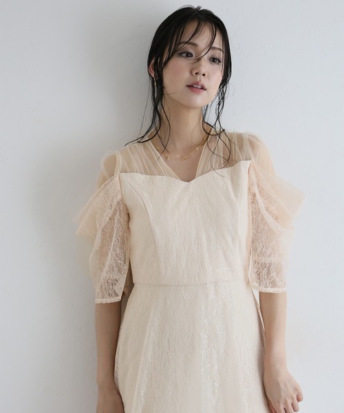 PourVous(プールヴー)の「ミモレ&袖あり フォーマル レース フレア シアー オフショル スパンコール セレモニー 結婚式二次会 パーティードレス お呼ばれ オケージョンドレス 同窓会成人式(ドレス・レディース・ピンクベージュ/ライトブルー/ブラック・S/M)」の7枚目の写真