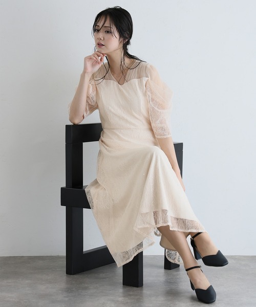 PourVous(プールヴー)の「ミモレ&袖あり フォーマル レース フレア シアー オフショル スパンコール セレモニー 結婚式二次会 パーティードレス お呼ばれ オケージョンドレス 同窓会成人式(ドレス・レディース・ピンクベージュ/ライトブルー/ブラック・S/M)」の8枚目の写真
