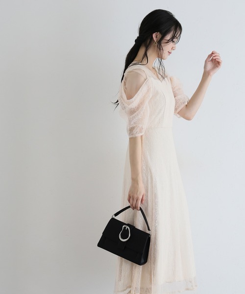 PourVous(プールヴー)の「ミモレ&袖あり フォーマル レース フレア シアー オフショル スパンコール セレモニー 結婚式二次会 パーティードレス お呼ばれ オケージョンドレス 同窓会成人式(ドレス・レディース・ピンクベージュ/ライトブルー/ブラック・S/M)」の12枚目の写真
