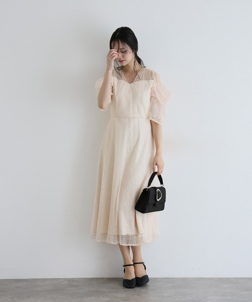 PourVous(プールヴー)の「ミモレ&袖あり フォーマル レース フレア シアー オフショル スパンコール セレモニー 結婚式二次会 パーティードレス お呼ばれ オケージョンドレス 同窓会成人式(ドレス・レディース・ピンクベージュ/ライトブルー/ブラック・S/M)」の13枚目の写真