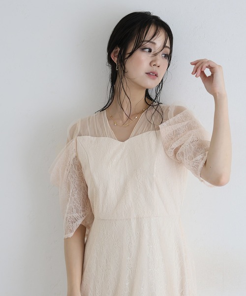 PourVous(プールヴー)の「ミモレ&袖あり フォーマル レース フレア シアー オフショル スパンコール セレモニー 結婚式二次会 パーティードレス お呼ばれ オケージョンドレス 同窓会成人式(ドレス・レディース・ピンクベージュ/ライトブルー/ブラック・S/M)」の14枚目の写真