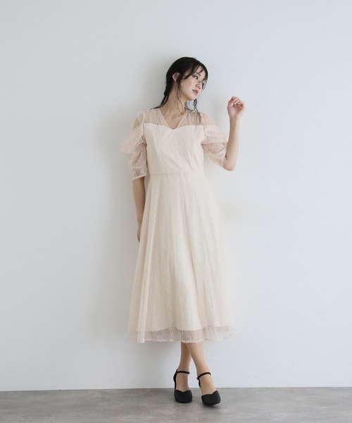 PourVous(プールヴー)の「ミモレ&袖あり フォーマル レース フレア シアー オフショル スパンコール セレモニー 結婚式二次会 パーティードレス お呼ばれ オケージョンドレス 同窓会成人式(ドレス・レディース・ピンクベージュ/ライトブルー/ブラック・S/M)」の9枚目の写真