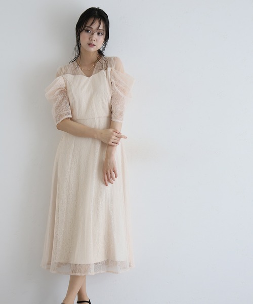 PourVous(プールヴー)の「ミモレ&袖あり フォーマル レース フレア シアー オフショル スパンコール セレモニー 結婚式二次会 パーティードレス お呼ばれ オケージョンドレス 同窓会成人式(ドレス・レディース・ピンクベージュ/ライトブルー/ブラック・S/M)」の10枚目の写真