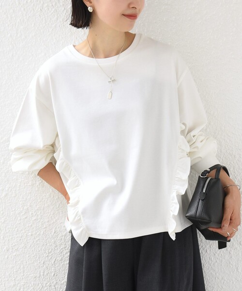 SHIPS(シップス)の「【WEB限定】〈洗濯機可能〉オーガニックコットン フリル ロングスリーブ TEE(Tシャツ/カットソー・レディース・ライラック/ダークグレー/ネイビー/オフホワイト・ONE SIZE)」の1枚目の写真