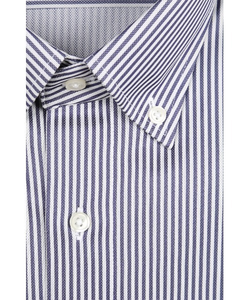 Perfect Suit FActory(パーフェクトスーツファクトリー)の「【完全ノーアイロン/アイシャツLimited】 ロンドンストライプ スリムフィット ボタンダウン ネイビー(ビジネスシャツ・メンズ・ネイビー・首回り37cm-裄丈80cm/首回り39cm-裄丈80cm/首回り39cm-裄丈82cm/首回り41cm-裄丈82cm/首回り41cm-裄丈84cm/首回り43cm-裄丈84cm/首回り43cm-裄丈86cm)」の3枚目の写真