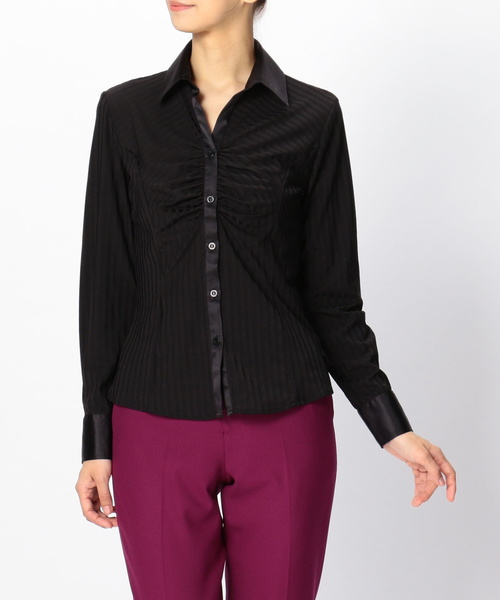 NARACAMICIE（ナラカミーチェ）の「イタリアンジャージーストライプ胸ギャザーシャツ（シャツ/ブラウス・レディース・ブラック/ホワイト・SMALL/MEDIUM/LARGE）」の6枚目の写真