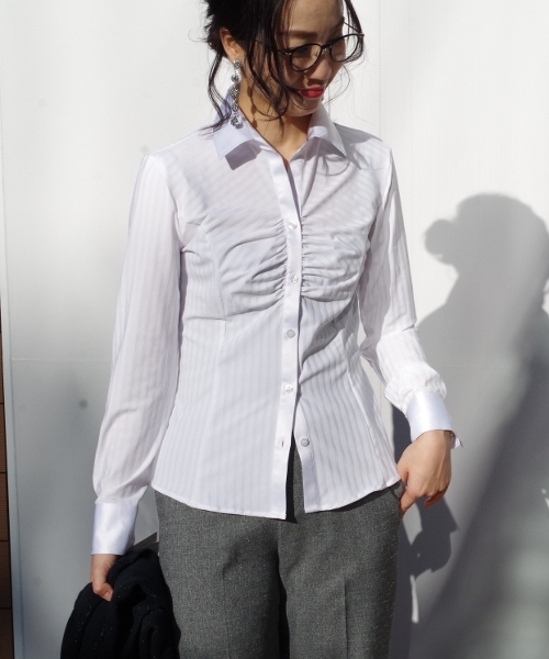 NARACAMICIE（ナラカミーチェ）の「イタリアンジャージーストライプ胸ギャザーシャツ（シャツ/ブラウス・レディース・ブラック/ホワイト・SMALL/MEDIUM/LARGE）」の16枚目の写真