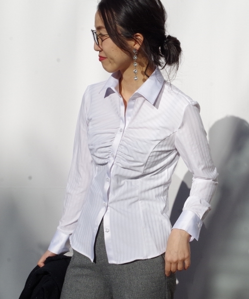 NARACAMICIE（ナラカミーチェ）の「イタリアンジャージーストライプ胸ギャザーシャツ（シャツ/ブラウス・レディース・ブラック/ホワイト・SMALL/MEDIUM/LARGE）」の15枚目の写真