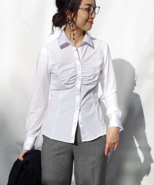 NARACAMICIE（ナラカミーチェ）の「イタリアンジャージーストライプ胸ギャザーシャツ（シャツ/ブラウス・レディース・ブラック/ホワイト・SMALL/MEDIUM/LARGE）」の14枚目の写真