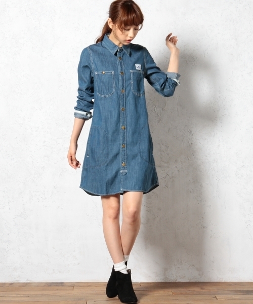Lee(リー)の「LEE(リー) C WORK ワンピース ◆(シャツワンピース・レディース・オリーブ/ライトブルー/ネイビー・MEDIUM/SMALL)」の1枚目の写真