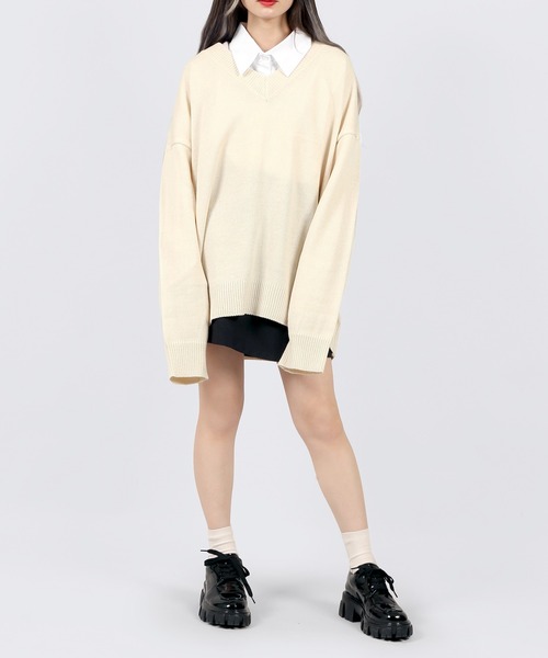 DING（ディング）の「DING/Vネックニット（ニット/セーター・レディース・ブラウン/オフホワイト/ブラック・FREE）」の4枚目の写真