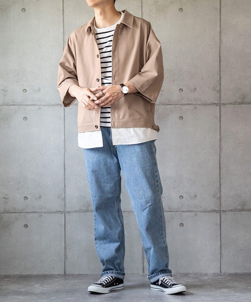 anown（アノン）の「オーバーサイズ 裾レイヤードサイドポケット 半袖シャツブルゾン【ファッションインフルエンサー しゅんたろー×anown 限定コラボ】（ブルゾン・メンズ・ライトブルー/ベージュ/グレイッシュベージュ・M/L）」の11枚目の写真