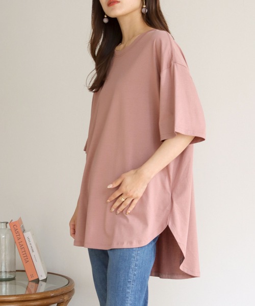HER CLOSET(ハークローゼット)の「【HERCLOSET】ドライタッチコットン100%ビッグシルエットラウンドヘムTシャツ(Tシャツ/カットソー・レディース・ホワイト/ブラック/ピンク/ブルー/モカ・M)」の5枚目の写真
