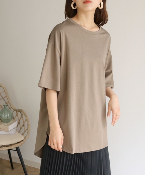 HER CLOSET(ハークローゼット)の「【HERCLOSET】ドライタッチコットン100%ビッグシルエットラウンドヘムTシャツ(Tシャツ/カットソー・レディース・ホワイト/ブラック/ピンク/ブルー/モカ・M)」の3枚目の写真